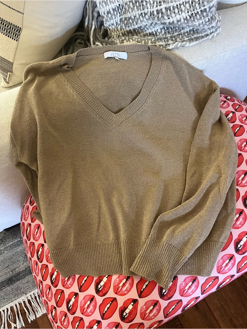 Pearl by Lela Rose V-Neck Women's Sweater in khaki with metallic thread